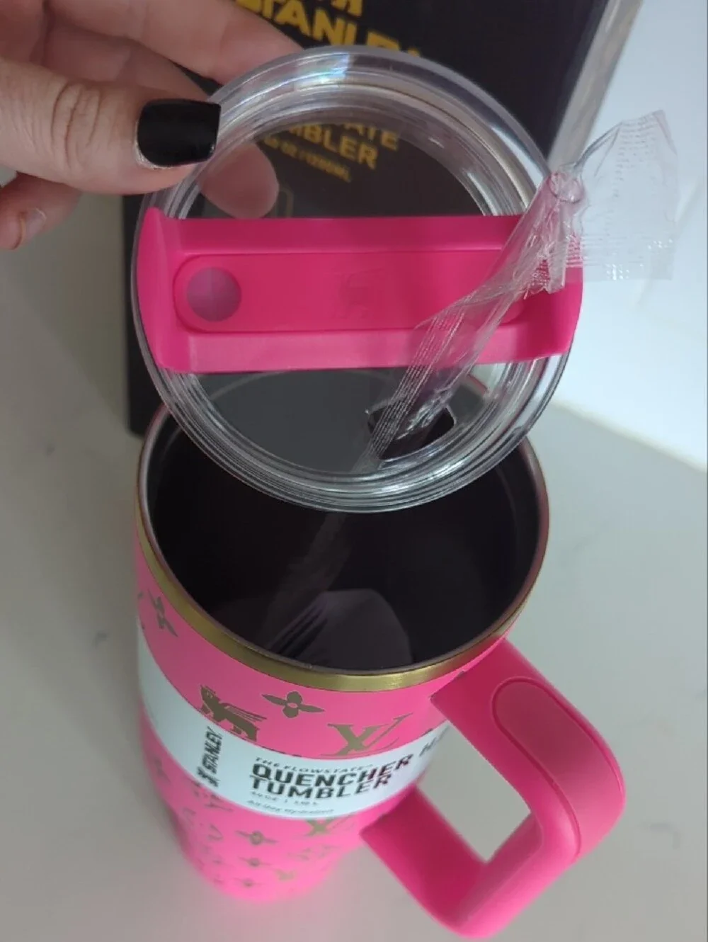 Pink Tumbler with Gold Accents and Handle